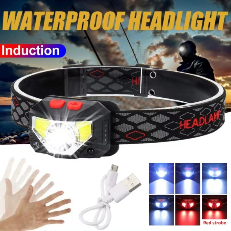 Powerful LED Headlamp Sensor Headlight USB Rechargeable Head Light Flashlights Waterproof Head Torch for Camping Hiking Fishing