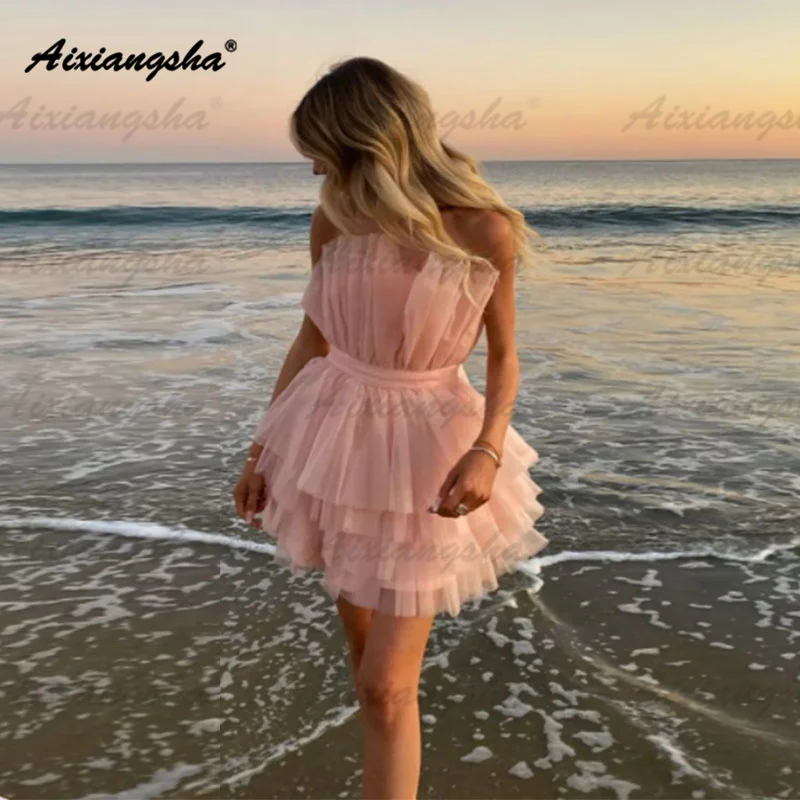 

Aixiangsha Simple Strapless Pleat Tiered Tulle Homecoming Dress Sleeveless Pink Prom Cocktail Gown Vestido De Noche Custom Made