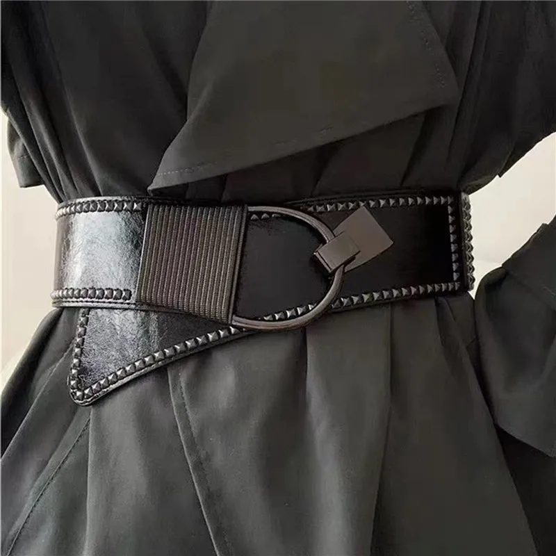 

Fashion Solid Color Ladies Rivet Wide Belt Coat Dress Decorated Waist Elastic Punk Girdle Belts For Women Luxury Designer Brand