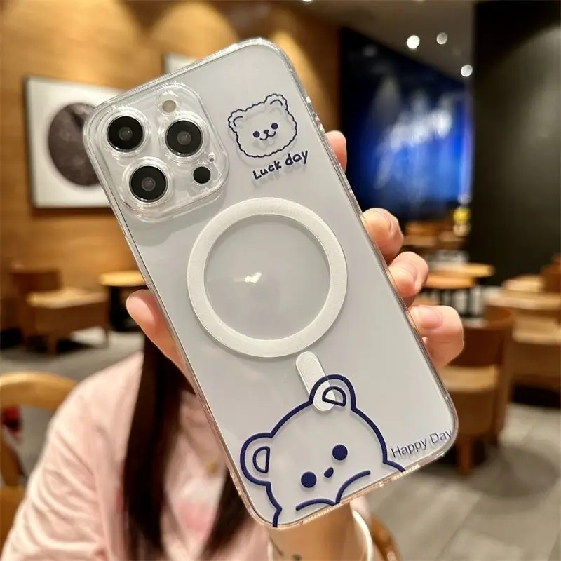 Cute Funny Line Bear Magsafe Magnetic Phone Case for Samsung Galaxy S25 S24 S23 S22 S21 S20 FE Plus Ultra 5G Soft Clear Cover