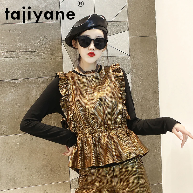 Tajiyane Waistcoat Women 2022 Spring New Sheepskin Ruffled Sleeveless Vest Thin and Bright Leather  Fashion Vest Trend FCY107