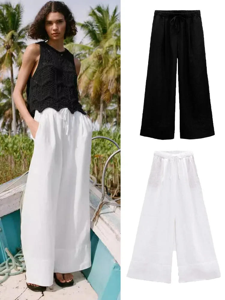 

Новинка лета 2023 женская одежда высококачественные подходящие ко всему льняные широкие брюки с завышенной талией повседневные свободные брюки