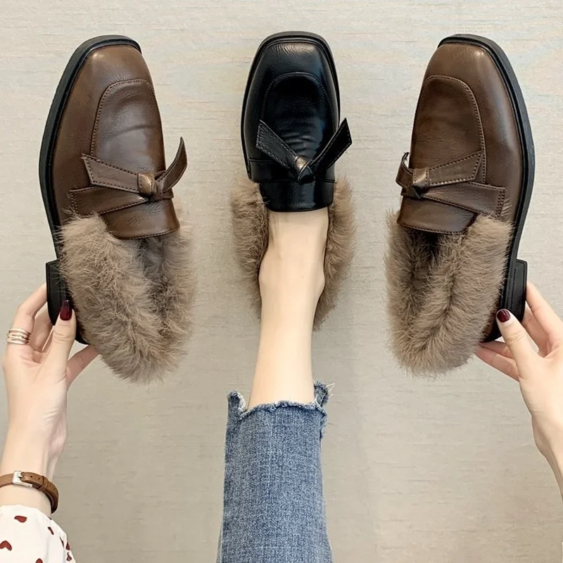 2022 Fashion Women Loafers Faux Rabbit Fur Slip-on Shoes Woman Low Heels Casual Shoes Plush Warm Boat Shoes Zapatos De Mujer