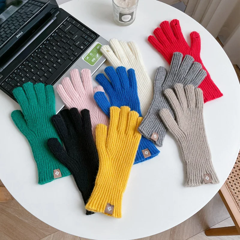 

New Knitted Women's Winter Gloves Warm Soft Woolen Outdoor Solid Color Cute Long Gloves Two Holes Fingers Touchscreen