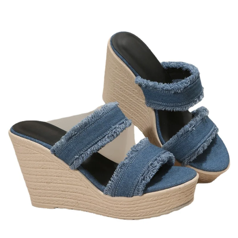 2023 Women Denim Summer Wedges High Heels Shoes Straw Women's Espadrilles Mules Slipper Sandals  Slip on Platform Leisure