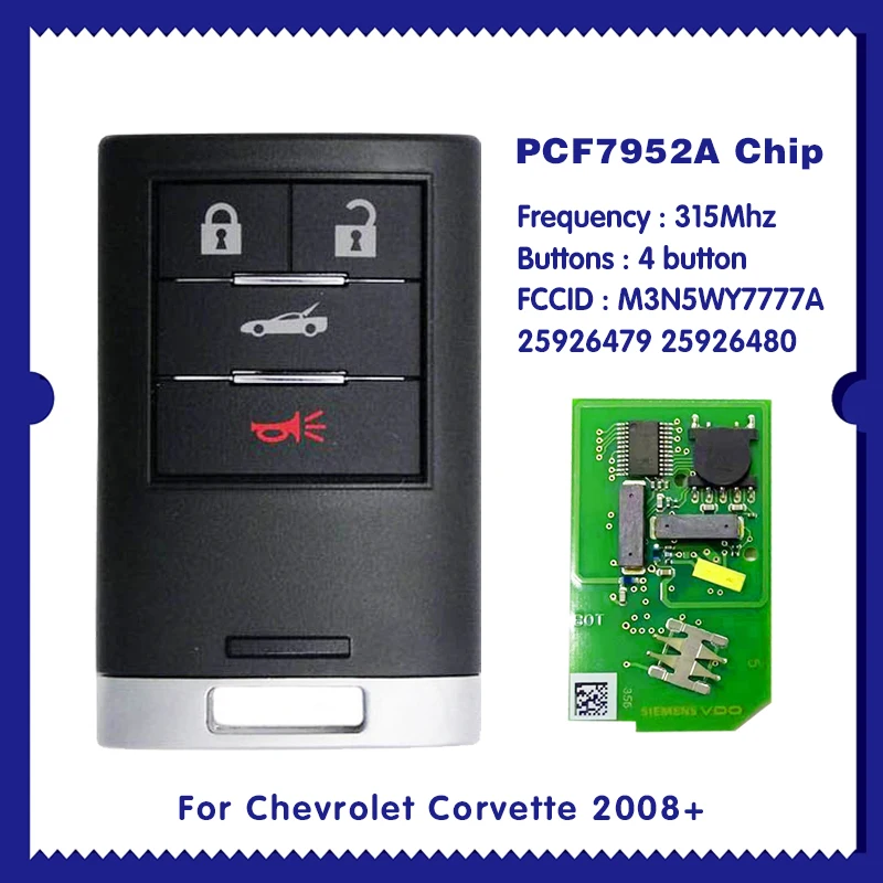 

For Chevrolet Corvette 2008+ Smart Key 4Buttons M3N5WY7777A PCF7952A 315MHz 25926479 25926480 CN014081