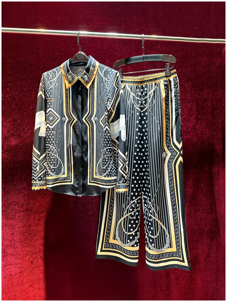 

European and American women's clothing 2023 autumn new Long-sleeved beaded polka dot printed shirt Wide leg pants Fashion suit