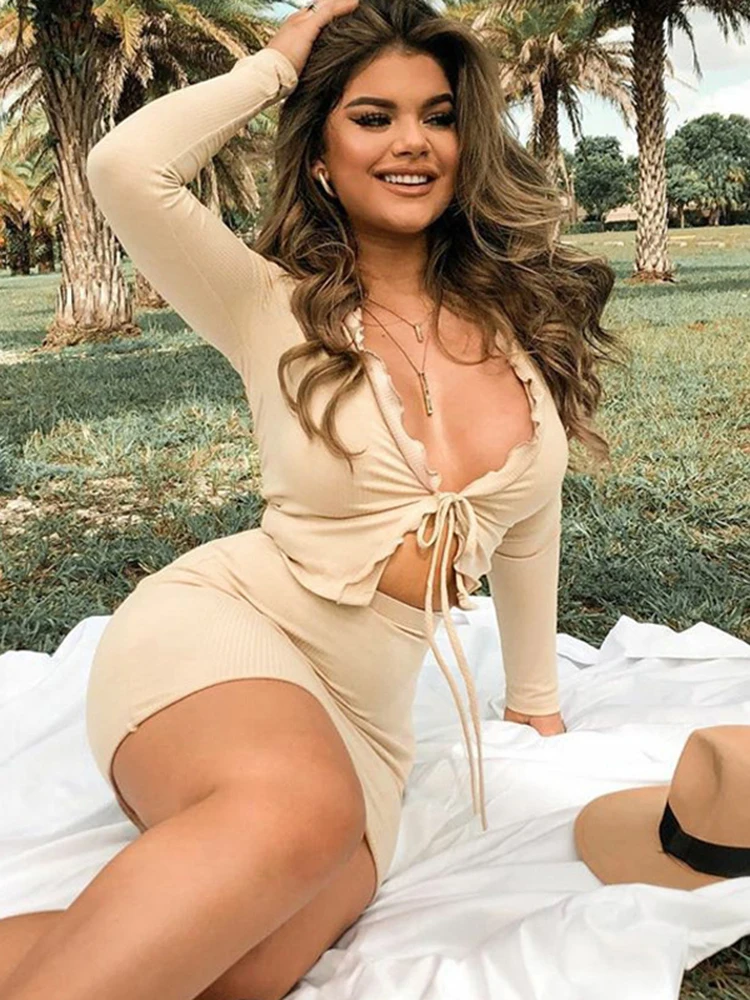 

Женский однотонный костюм из двух предметов, повседневный облегающий кардиган на шнуровке с высокой талией и юбка, 2022