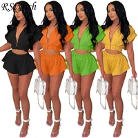 rstylish two piece set women summer clothes solid zipper hooded short sleeve crop top and elastic waist shorts matching suit