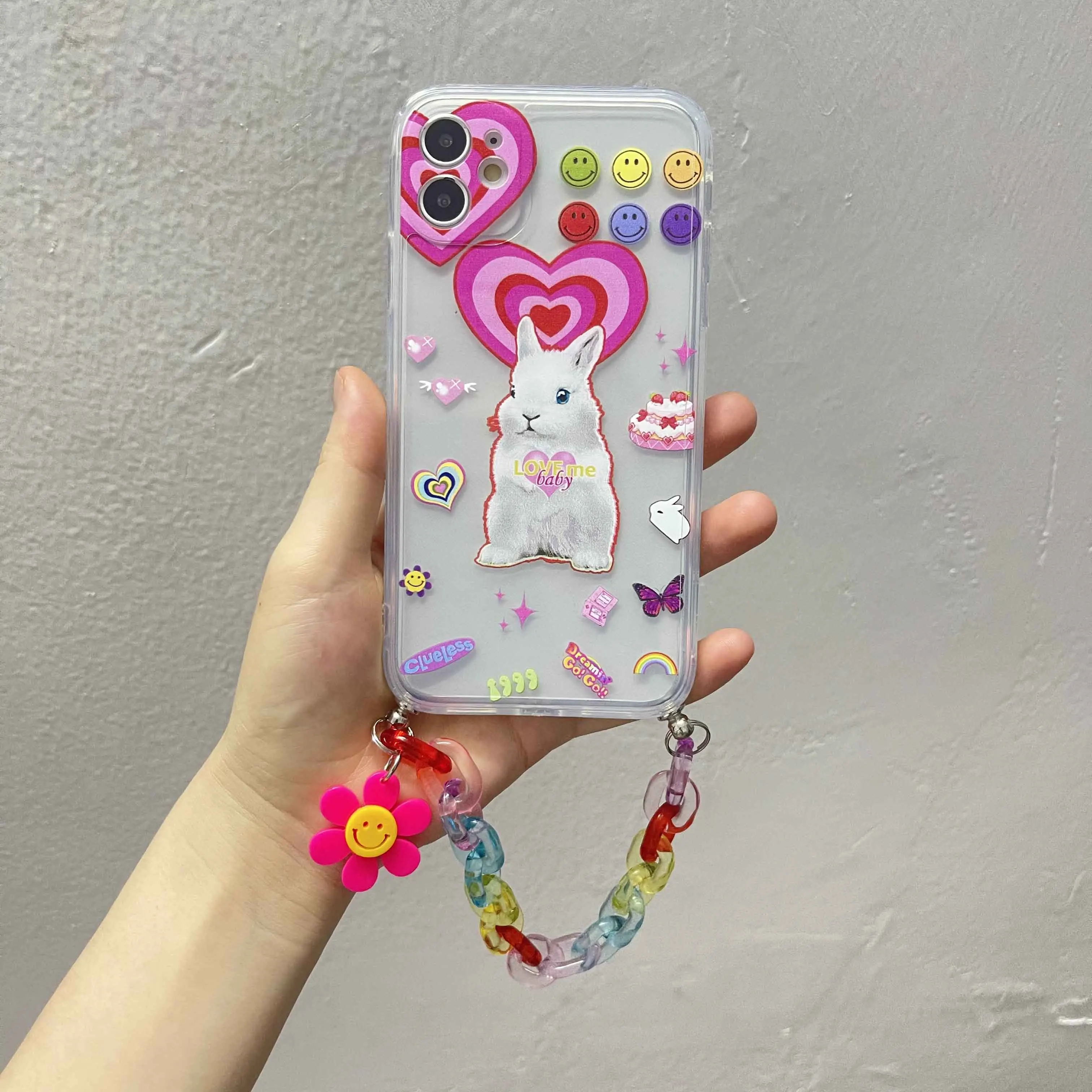 

Cute rabbit case colorful chain bracelet pendant phone cover for iphone 12 11 Pro Max 8 7 Plus XR X XS Clear cover soft fundas