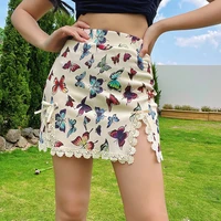 womens casual butterfly print slit skirt print satin silk high waist zipper mini short skirt y2k skirt