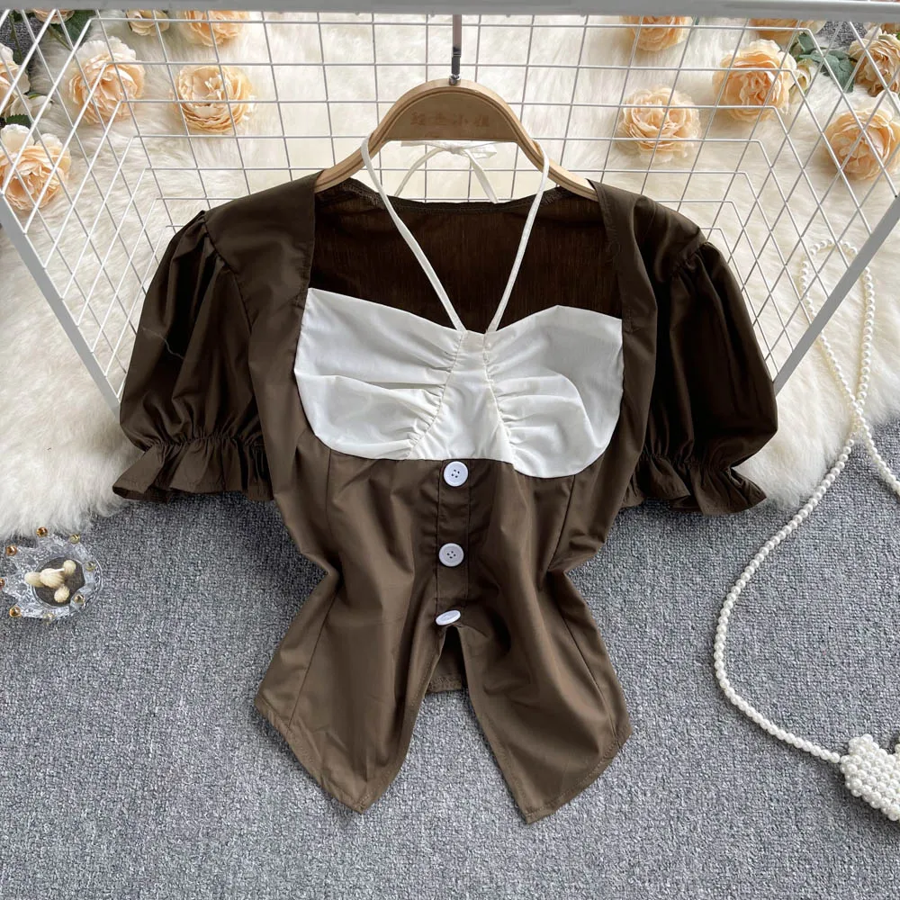 

Блузка женская однобортная составного кроя, шикарная винтажная рубашка в японском стиле, с пышными рукавами, популярный цвет, в Корейском с...