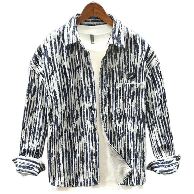 Street Retro Corduroy Shirt Outwear Autumn Winter Men Corduroy Shirt Striped Print Design Casual Long Sleeve Thick Shirts
