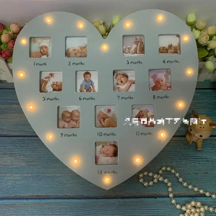 New Baby Lights Heart-shaped Photo Frame Hanging Wall Frame Pictures Display Baby Growing Photo Frame