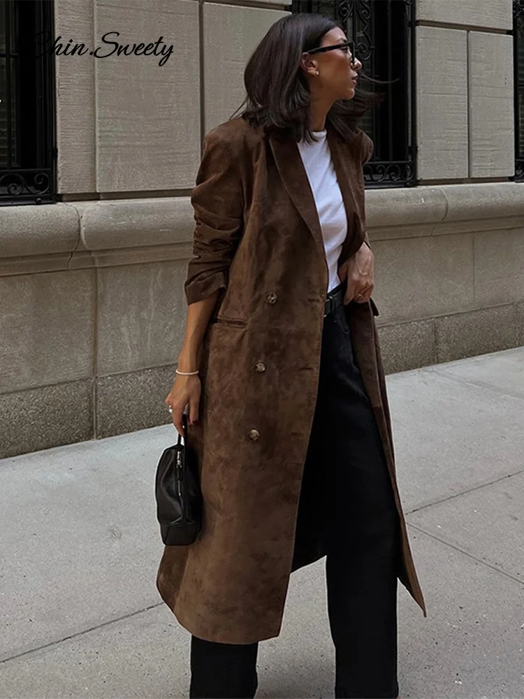 Женский Длинный замшевый тренчкот элегантный двубортный большого размера с