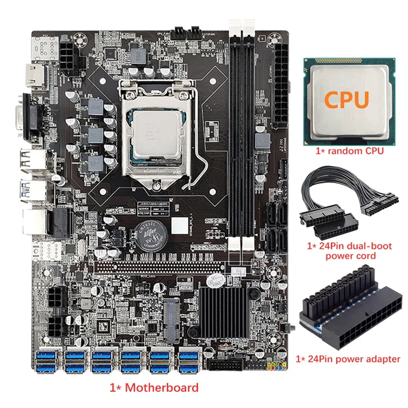 

B75 Mining Motherboard+CPU+24Pin Power Cord+24Pin Power Adapter For BTC/ETH 12 USB3.0 GPU Slot LGA1155 DDR3 RAM SATA3.0