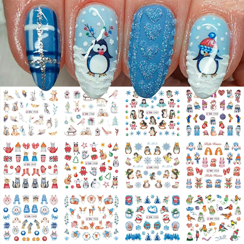 

Cute Penguin Nails Stickers Snow Winter Animals Water Sliders Christmas Holiday Nail Art Decoration Supplies Decal Dropshipping