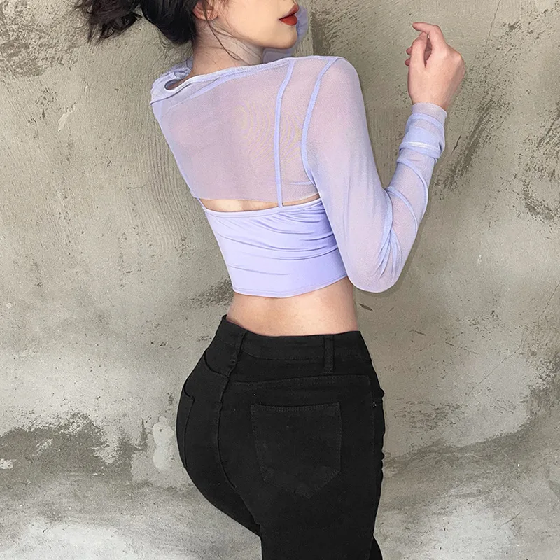 Летний сексуальный сетчатый укороченный топ фиолетовая рубашка с длинным