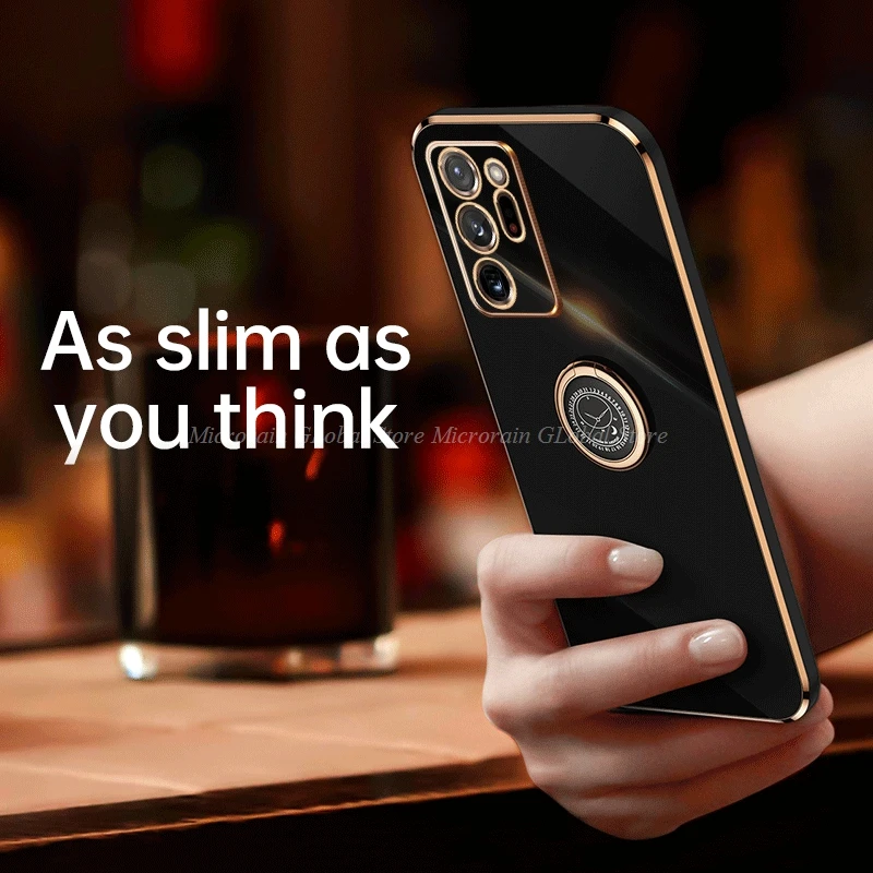

Plating Square Ring Holder Stand Phone Case On For Samsung Galaxy Note20 Ultra Protective Shockproof Silicone Back Cover