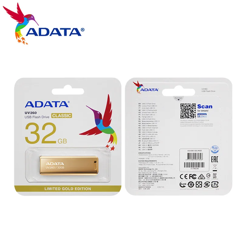 ADATA UV260 USB-флеш-накопитель Металлический мини-накопитель USB2.0 золотой с