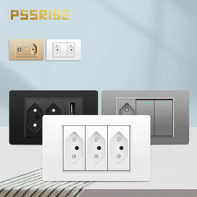 

PSSRISE Brazil Light Switch Power Socket with 5V 2.1A USB Type-c Charger PC Panel Wall Switch TV TEL Computer Outlet 118*74mm