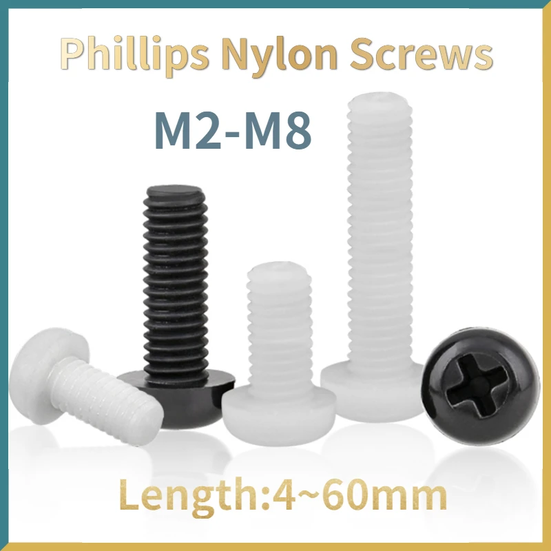 

100/ 50/ 20pcs Metric Thread Black White Nylon Plastic Phillips Pan Head Cross Round Screw Bolt L= 4-60mm M2 M2.5 M3 M4 M5 M6 M8