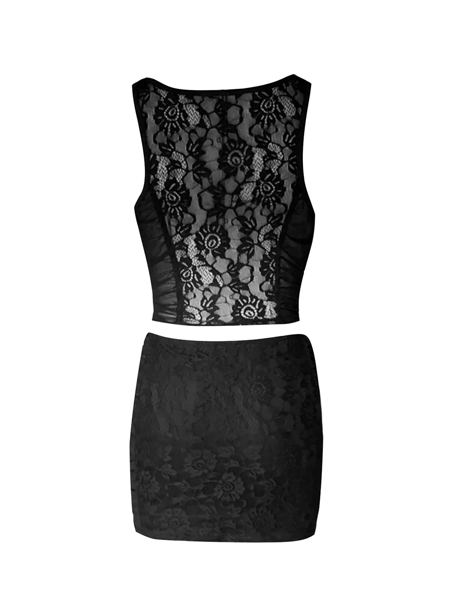 

Женский комплект из двух предметов с юбкой и принтом Y2K, привлекательный сетчатый кружевной топ, мини-юбка, летняя уличная одежда для вечеринки (05-черный цветочный