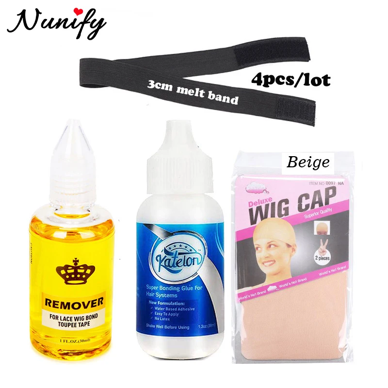 3Cm Black Edge Melt Band For Wigs 38ml Super Lace Wig Bonding Glue And Remover For Hair System Beige Stocking Wig Cap  4Pcs/Lot
