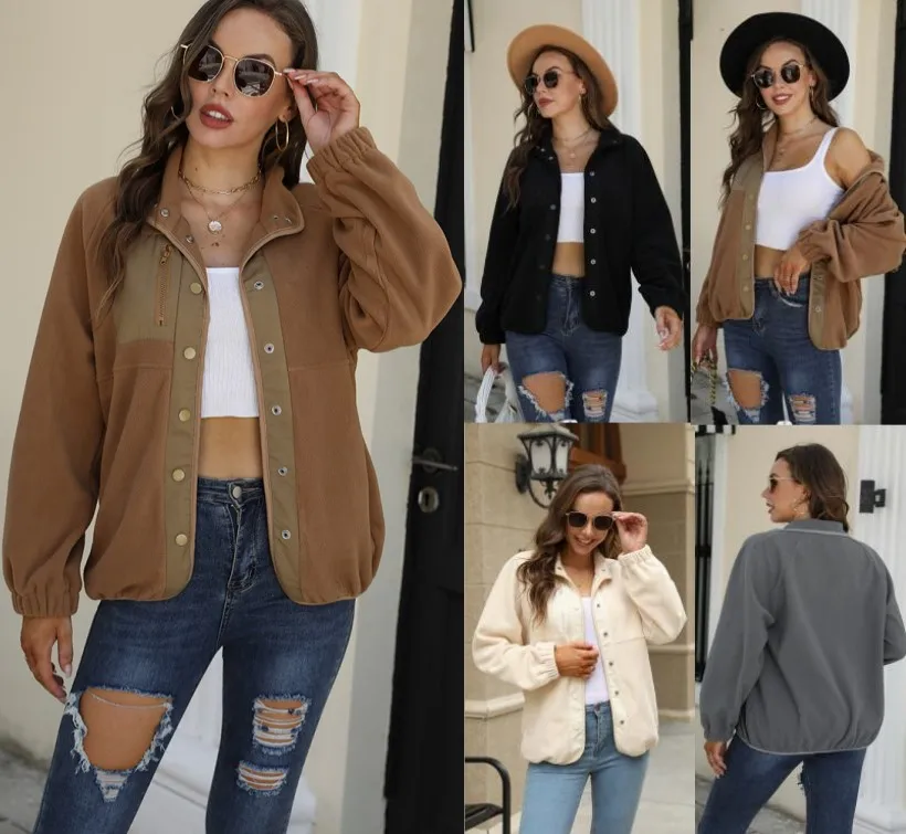 

2023 Autumn and Winter Contrast Plush Casual Top Jacket Women Hoodies Solid Color Long Sleeve Sweatshirt Women Coats