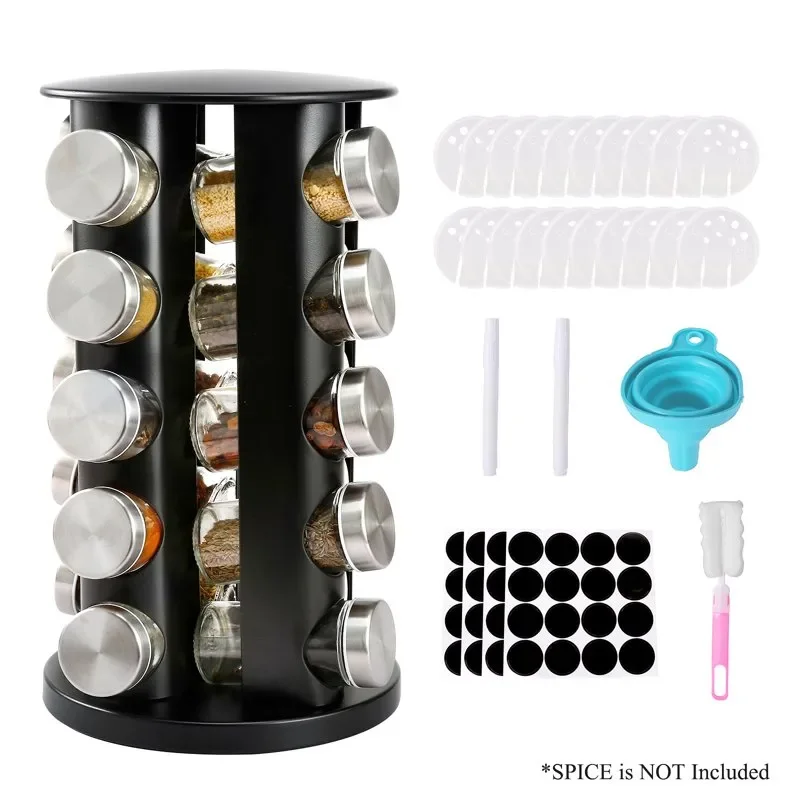 

Rotating Spice Rack with 20 Glass Jars & Labels Set - Stainless Steel Standing Seasoning Spice Jar Storage Organizer for Kitchen
