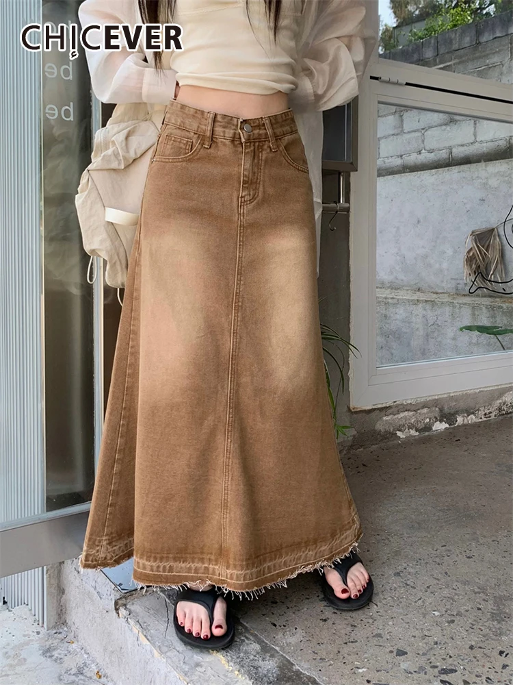 

CHICEVER Casual Do Old Skirts For Women High Waist Patchwork Pockets Vintage Hit Color Summer Spliced Raw Hem Midi Skirt Female