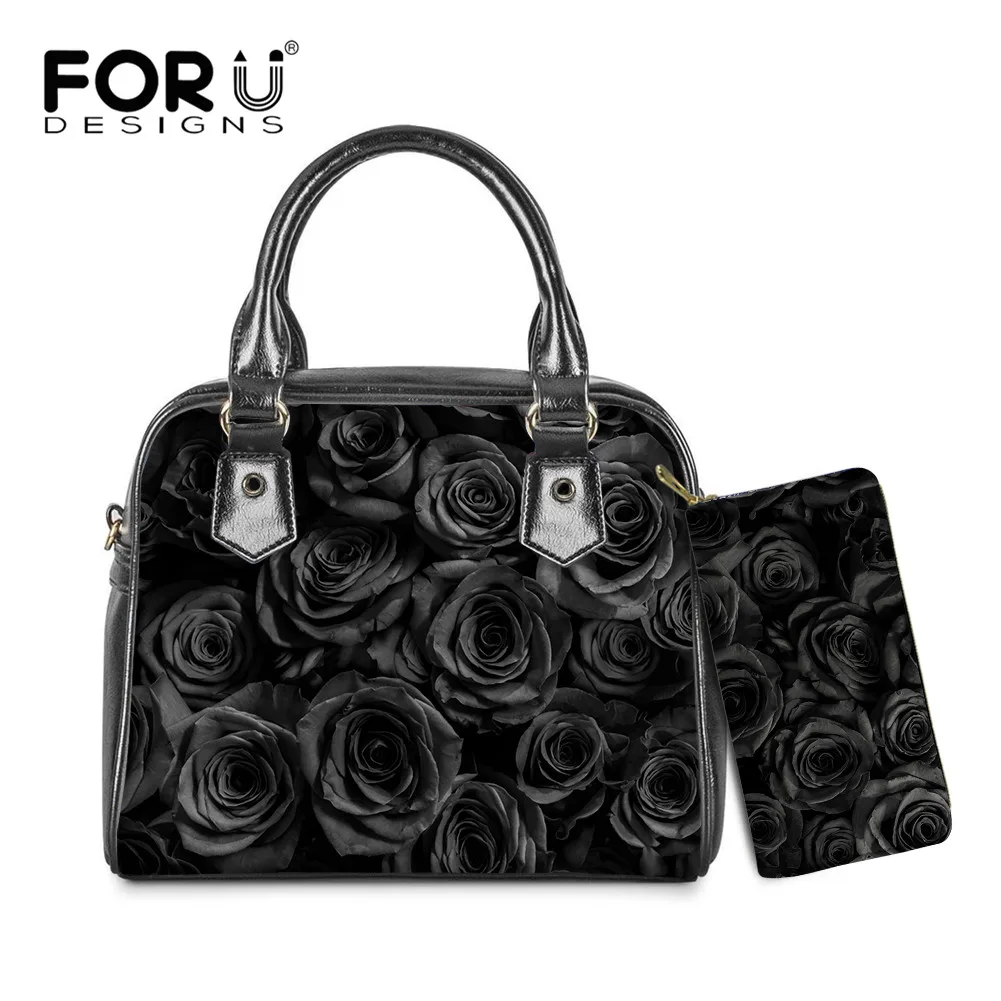 

FORUDESIGNS Fashion Women Leather Messenger Bag Handbag Wallet 2PCS Set Black Rose Printing Ladies Pu Portable Shoulder Bag