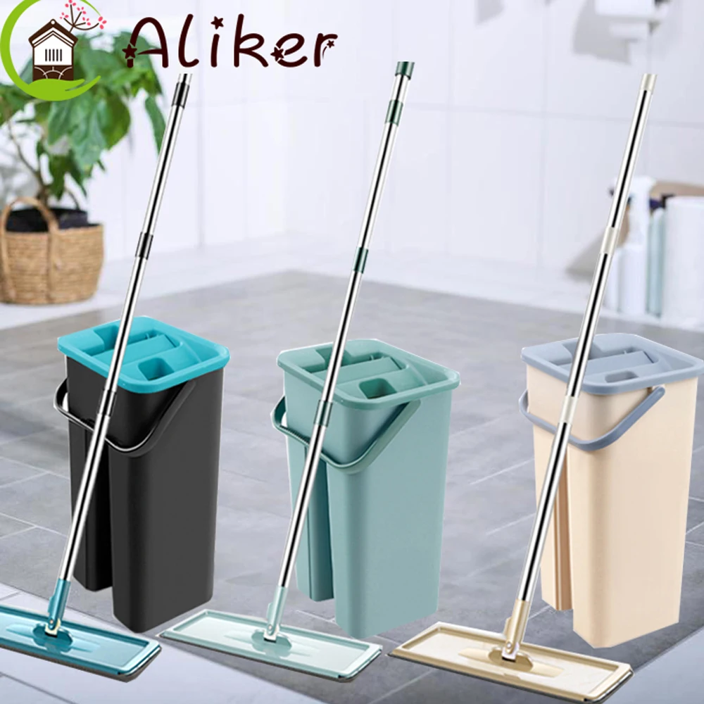 

Floor Mop Household Squeeze Mop with Bucket 4 or 6 Replaceable Microfiber Cloth Hand Free Washing 360 Degree Easy Rotation Mops