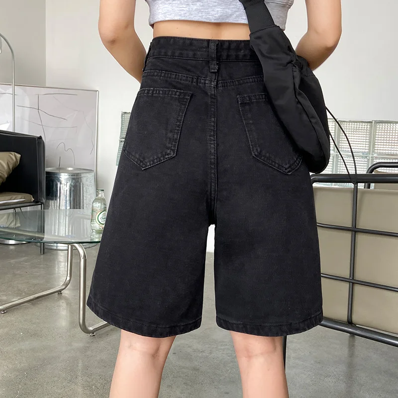 New Summer Women High Waist Wide Leg Black Denim Shorts Casual Female Loose Straight Button Jeans Bermuda Shorts