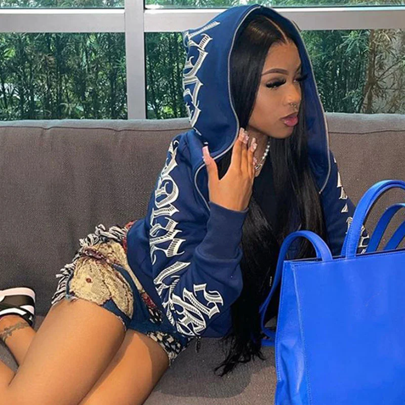 

Y2k Hip Hop Letter Printed Zip Up Hoodie Women Cardigan Blue Sweatshirts Gothic Punk Clothes New Streetwear 90s Jackets
