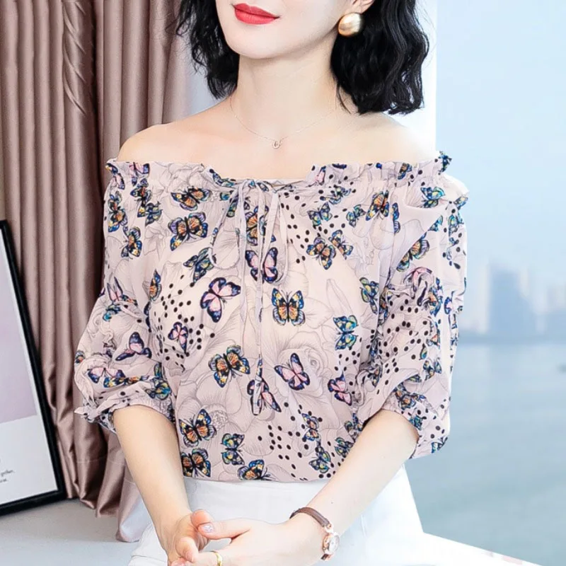 Sweet Lace Up Bow Shirring Floral Blouse Women's Clothing 2023 Spring New Casual Pullovers Office Lady Shirt