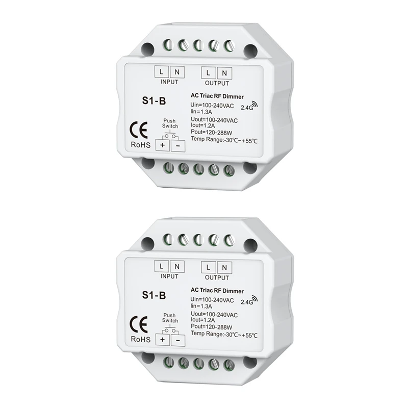 

2X AC 110V - 220V S1-B LED Triac RF Dimmer Use 2.4Ghz Wireless 120W-288W Push Dimmer LED Switch Controller