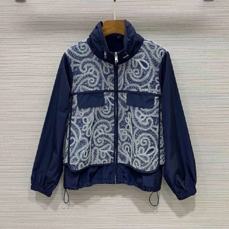 

Женская куртка с длинным рукавом, темно-синяя повседневная куртка на молнии с воротником-стойкой и аппликацией, весна-осень 2023