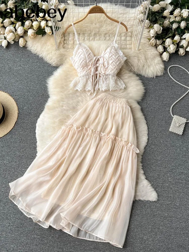 

Pleated Women Summer Sets Solid 2022 Vacation Lace Elastic Waist Ladies Beach Long Skirt Temperament Two Piece Sets