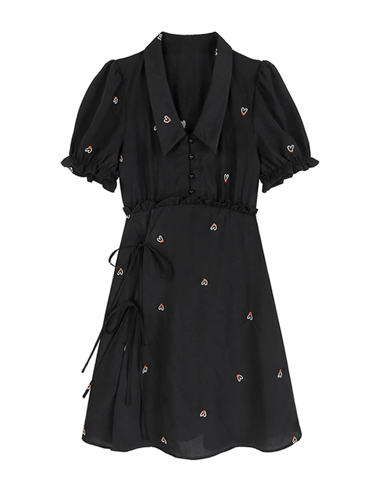 

Mini Women 2022 Summer New Casual Elegant Slim Korean Style Puff Sleeve Turnover Collar Heart Embroidery Polo Dress Shirt