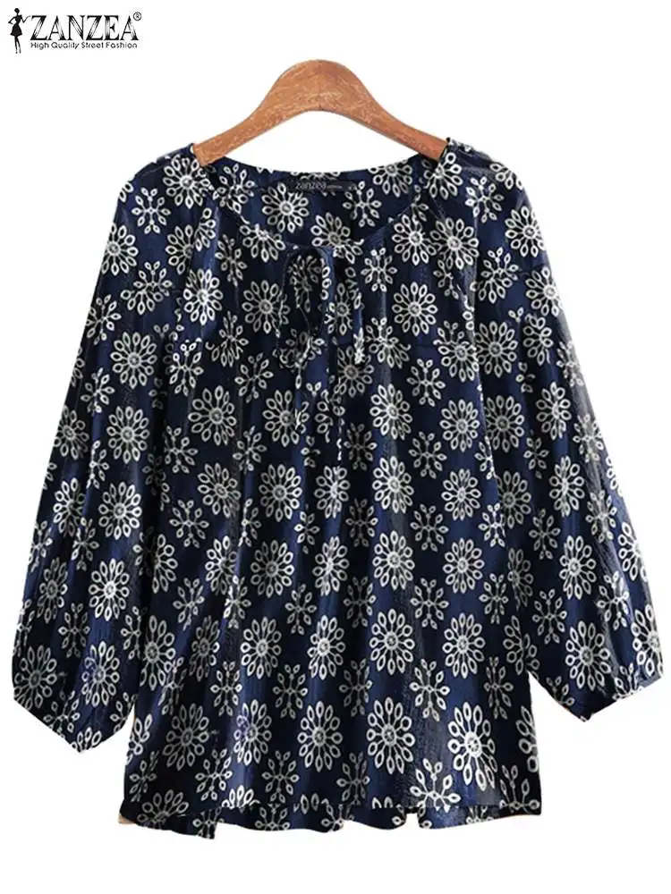 ZANZEA 2023 Summer Women 3/4 Sleeve Blouses Floral Printed Lace-Up Round Neck Casual Loose Tops Vintage Kaftan Shirts Oversized