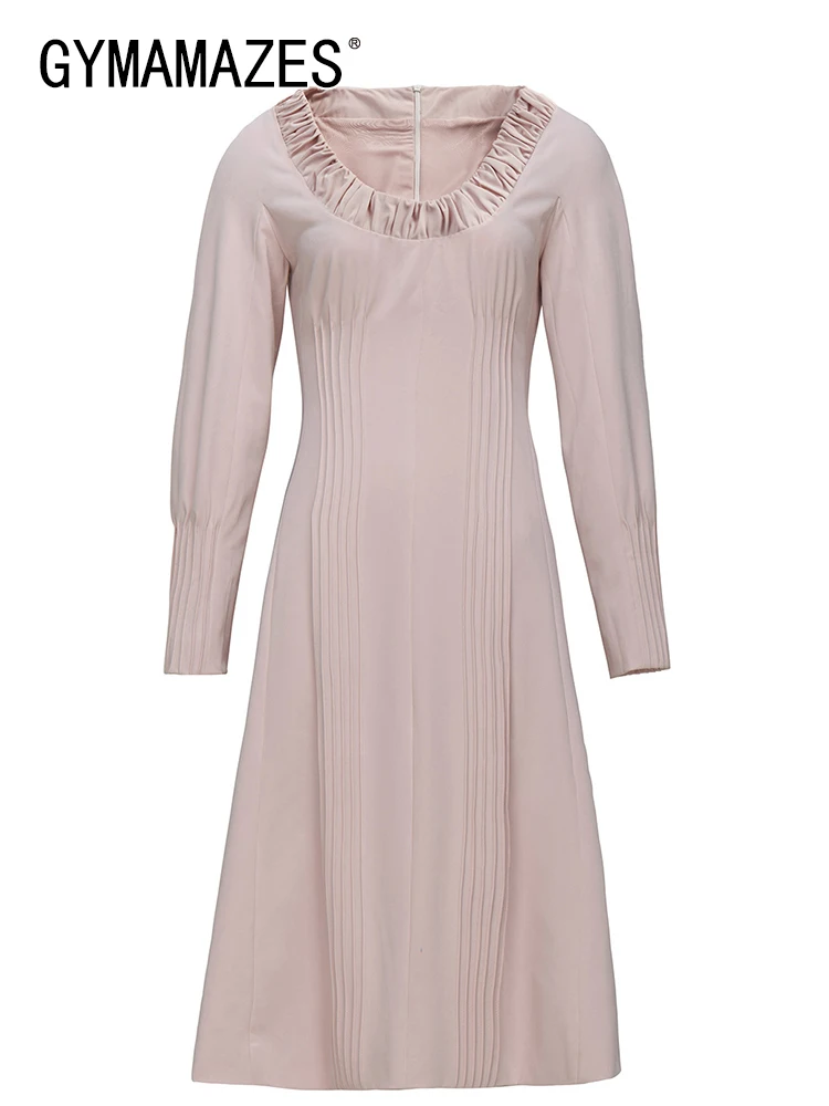 

GYMAMAZES Solid Ruched Casual Dresses For Women Square Collar Long Sleeve High Waist Tunic Slimming Dress Female Fashion Clothes