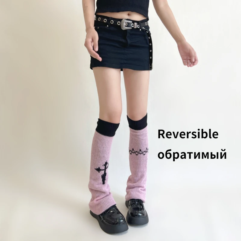 Y2k Girl Harajuku Leg Warmers Gothic Black Lady Knit Cross Leg Warmer 2022 Chic Mujer Knitted Reversible Sock