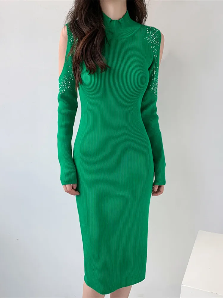 

Autumn Winter Women Fashion Beaded Diamonds Long-sleeve Off-Shoulder Sexy Knitted Sweater Dress Slim Fit Party Dress