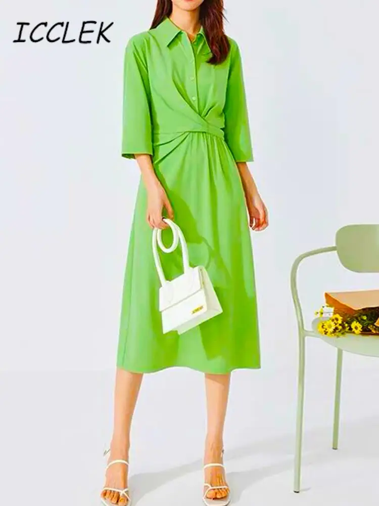 

Icclek Shirt Dresses For Women 2022 Summer Green Shirt Dresses With Belt Lace-Up Single Breasted Dress Elegant OL Dress