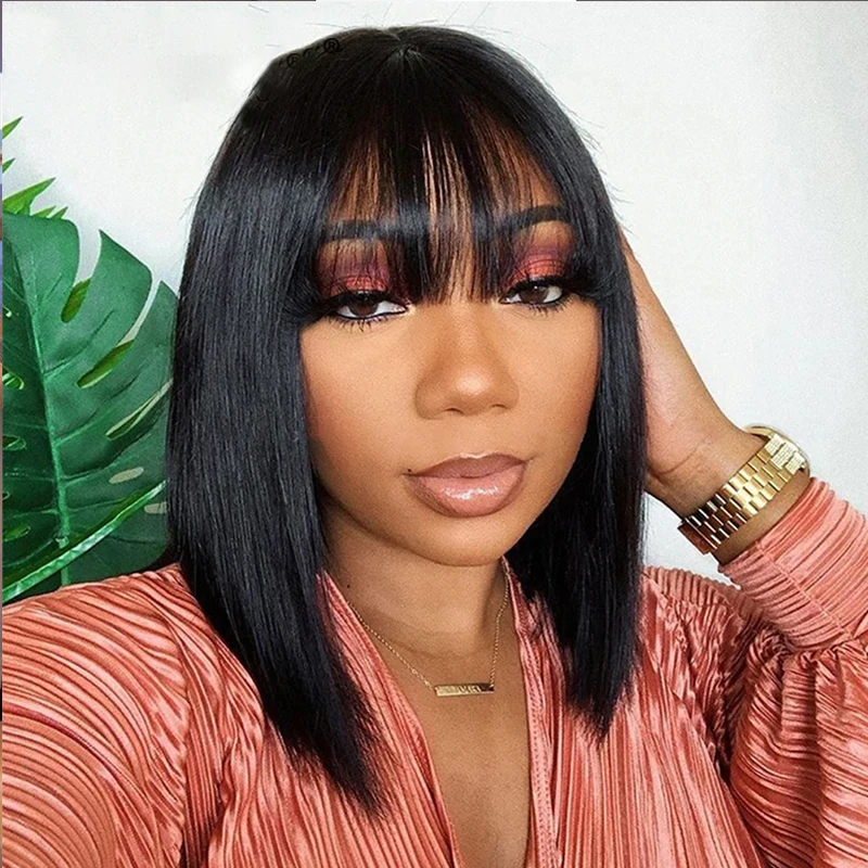 

Brazilian Virgin Straight Short Bob Wigs Bangs None Lace Front Wigs Machine Made Bob Human Hair Wigs with Bangs for Black Women