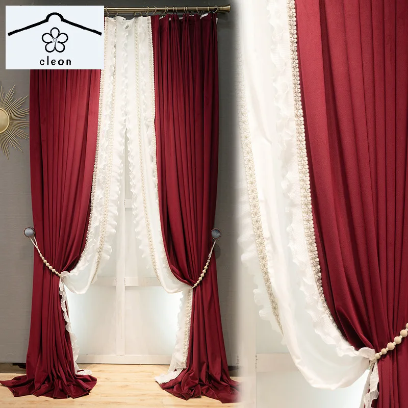 

French Solid Wine Red Curtains for Living Room Bedroom Fungus Lace Embroidery Curtain Thicken Blackout Wed Curtain Window Custom
