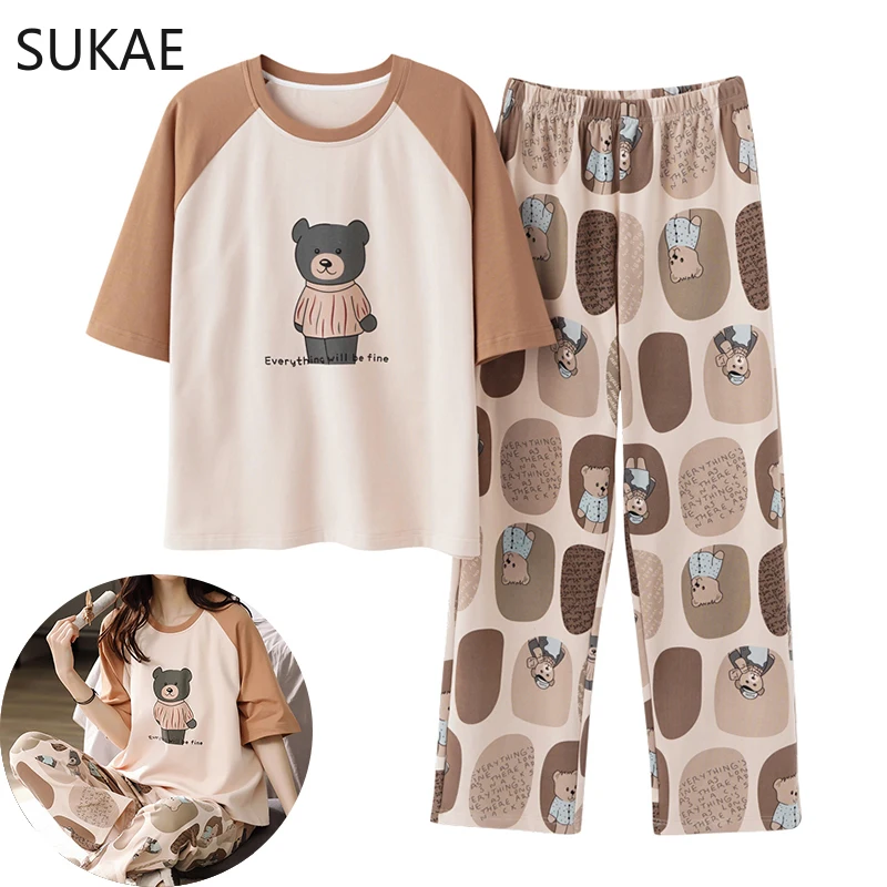 

SUKAE M-5XL Plus Size Lingerie Cotton Sleepwear Big Size Women's Pajamas Short Sleeve Long Pant Summer Homesuit Soft Pyjamas New