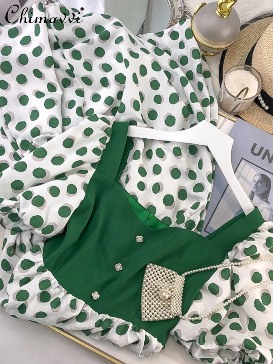 

Retro Fashion Puff Sleeve Simple Chiffon Women Dresses 2022 Summer New Elegant Square Collar Polka-Dot High Waist Midi Dress