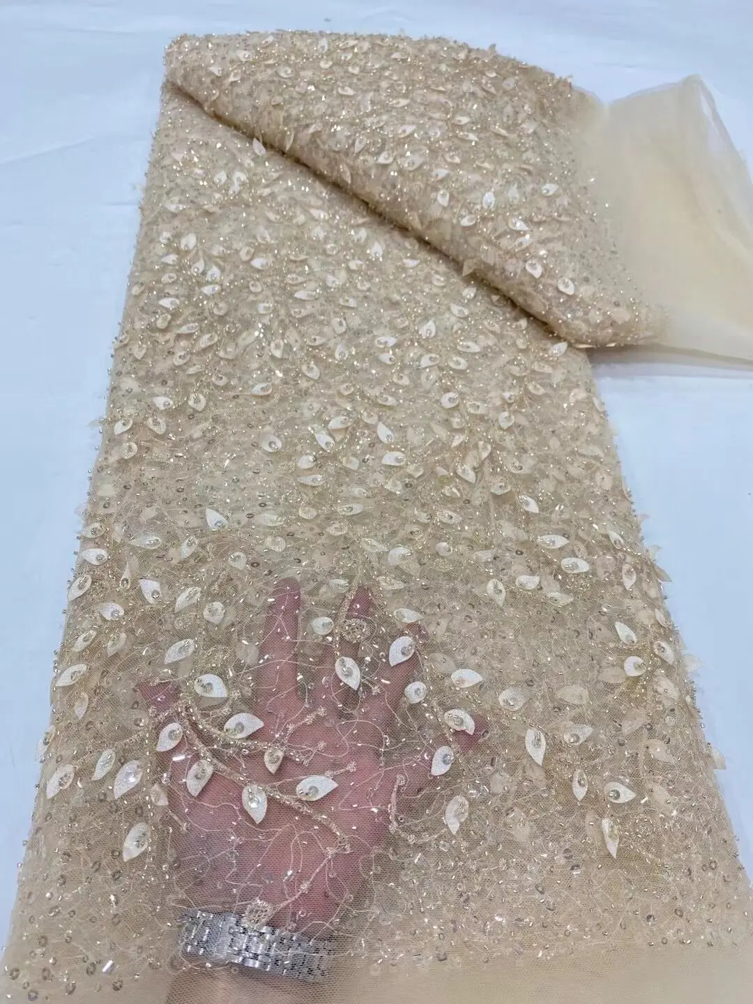 

African Nigerian 2023 High Quality Tulle Sequins Embroidery French Guipure Wedding Party Dress Beaded Lace Fabric 5Yards DP0028